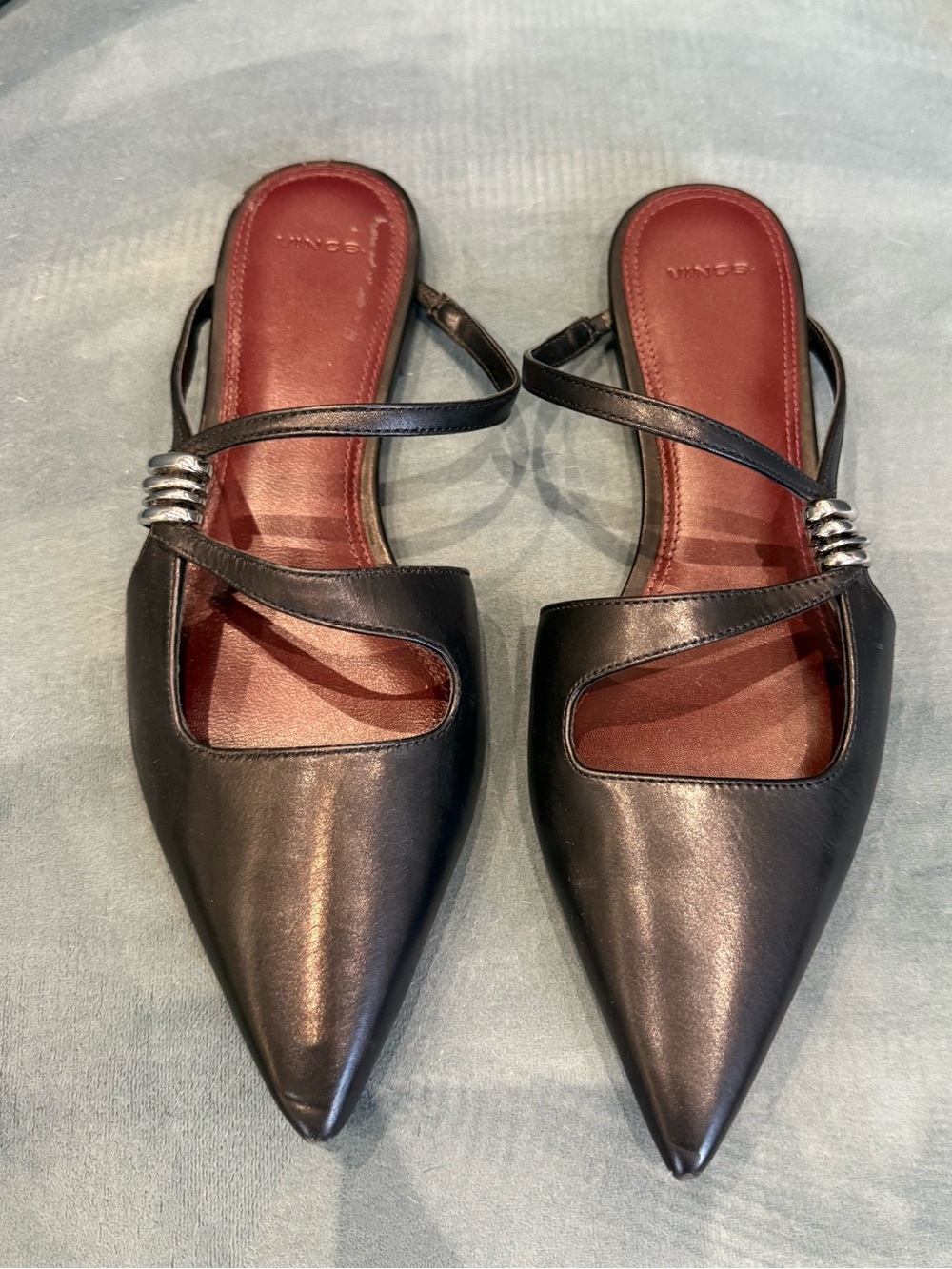 Vince Black Pointed Mule Slides with Silver Accent - Size 7